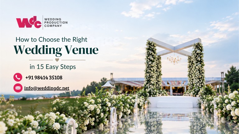 How to Choose the Right Wedding Venue with a floral outdoor wedding setup, reflective aisle, and elegant ceremony arch.
