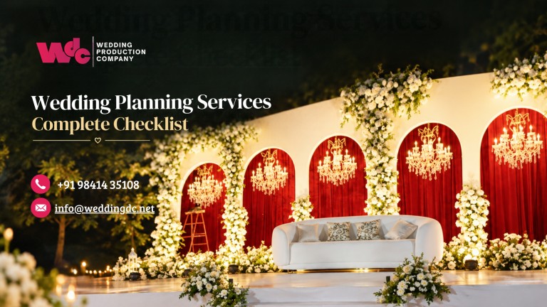 Wedding planning services complete checklist collage featuring wedding décor, catering, entertainment, newlyweds, destination wedding, and invitations.