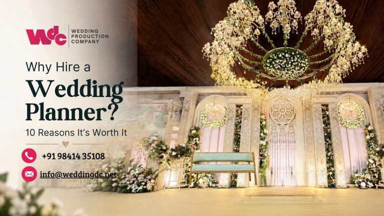 Wedding planner blog banner featuring an elegant decorated wedding stage with floral arrangements and the title “Why Hire a Wedding Planner? 10 Reasons It’s Worth It.”