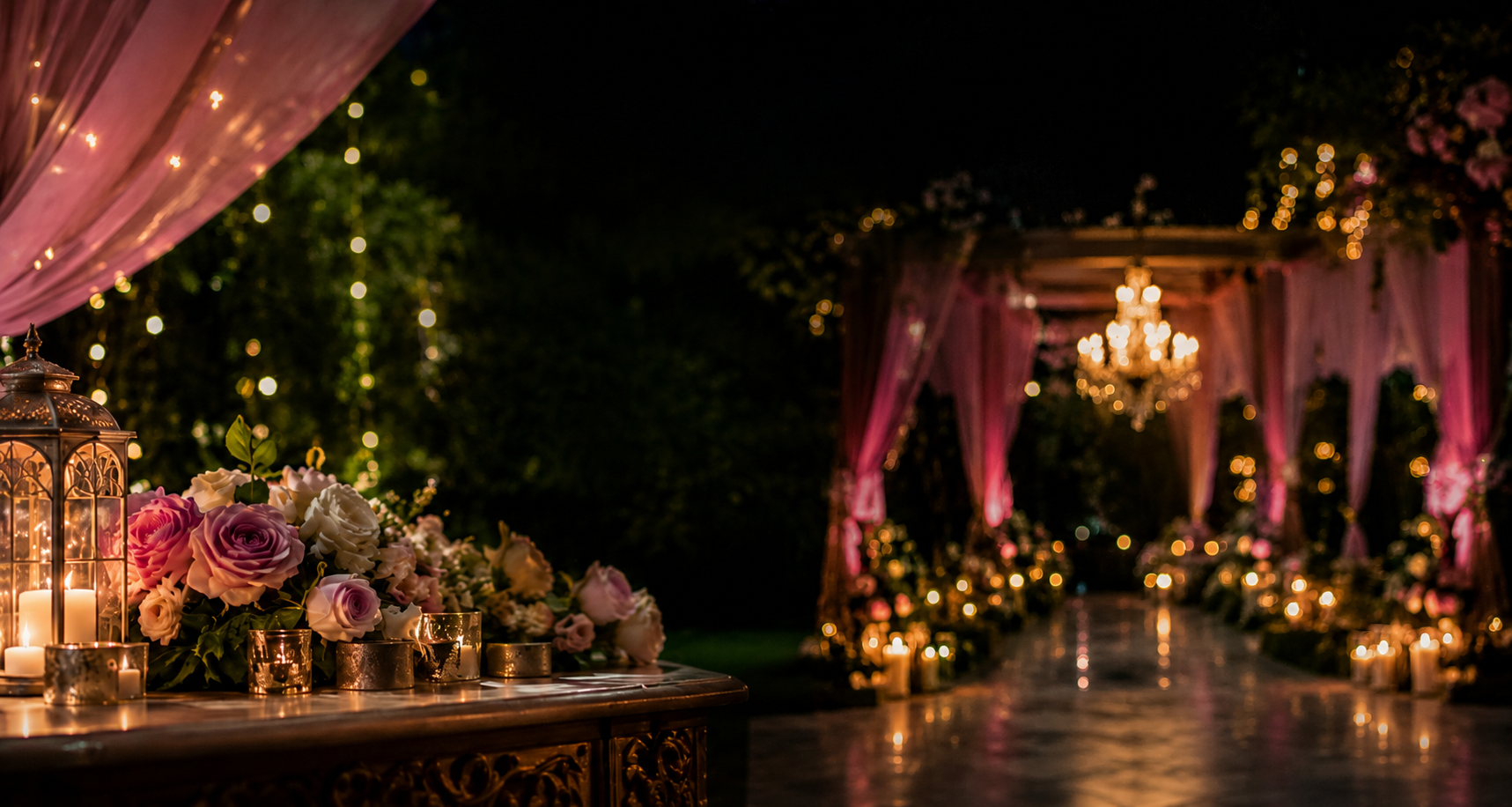 Outdoor evening wedding venue with pink drapes, fairy lights and floral décor