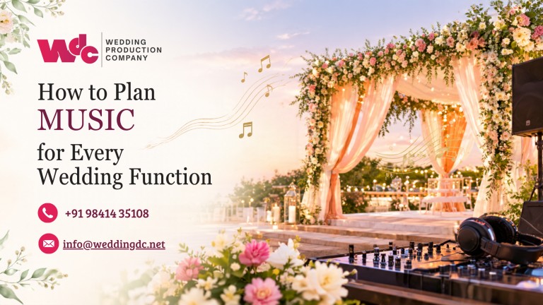 Wedding music planning for every wedding function with a decorated wedding stage, DJ equipment, floral arrangements, and contact details for WeddingDC.