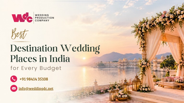 Best Destination Wedding Places in India for Every Budget – elegant lakeside wedding venue with a floral mandap, palace architecture, and sunset views over a serene lake.