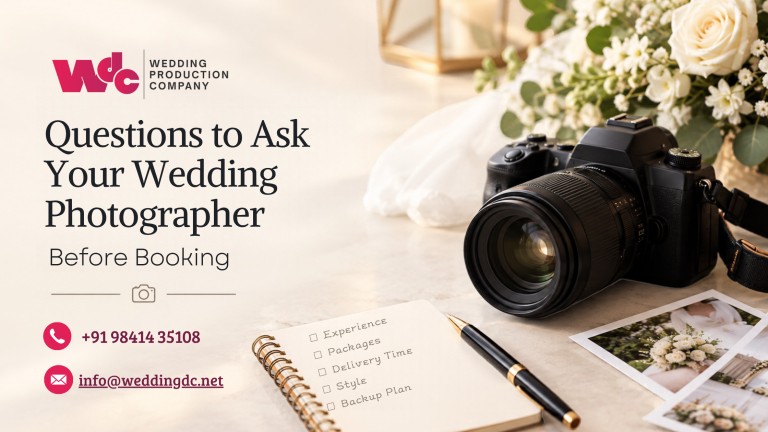 Wedding photography banner featuring a professional camera, white roses, wedding photo prints, and a checklist notebook with the title “Questions to Ask Your Wedding Photographer Before Booking,” including WeddingDC branding and contact details.